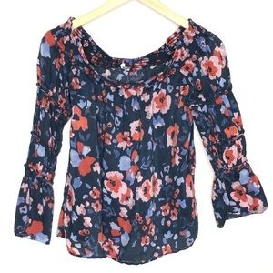 William Rast Floral Print Boho Top Off the Shoulder Statement Sleeves Medium